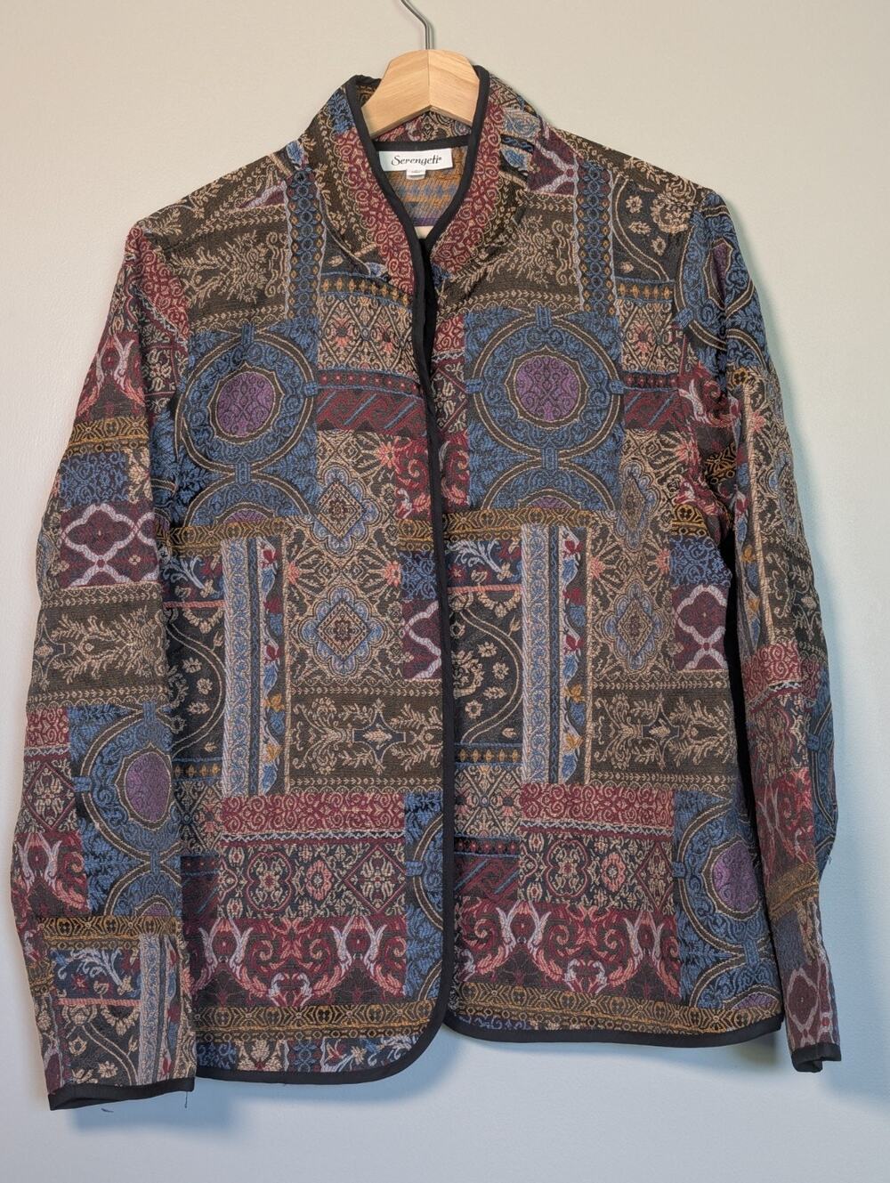 Vintage Tapestry Patchwork Boho Open Front Cardigan Blazer Jacket Large...